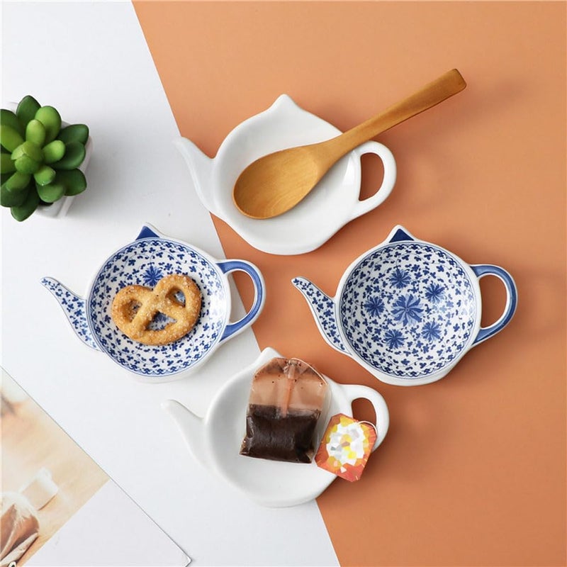 Luzen 4Pcs Ceramic Tea Bag Holder Personalized Teapot Shaped Tea Bag Coasters Tea Bag Saucers Rest Dish Tray for Tea Bag, Spoon Rest, White - Image 3